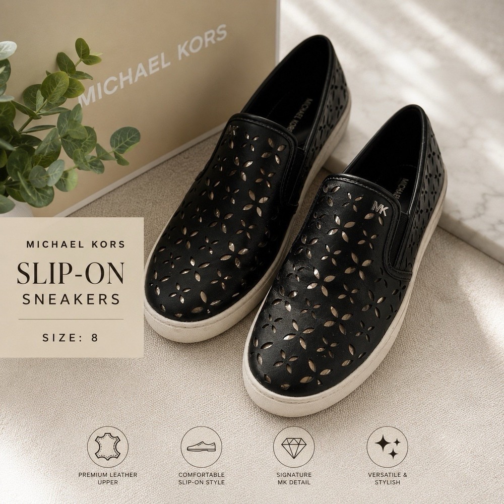 Michael‎ Kors Black Floral Laser Cut Slip On Platform Sneakers Womens 8M